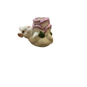 Porcelain Rabbit Shaped Candle Holder Floral Detail Purple Flower 4" long Box